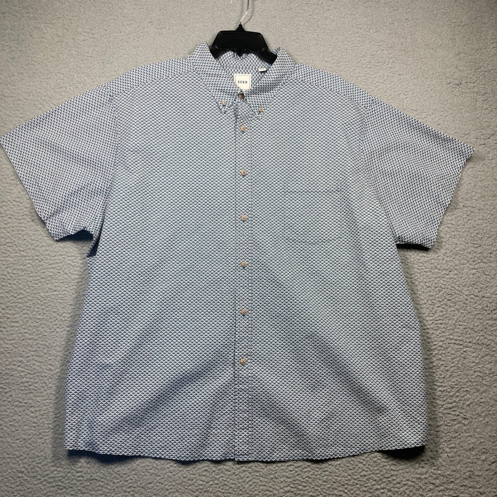 ROWM Button Down Shirt‎ Mens 3XB Blue Geometric Diamond Short Sleeve Cotton